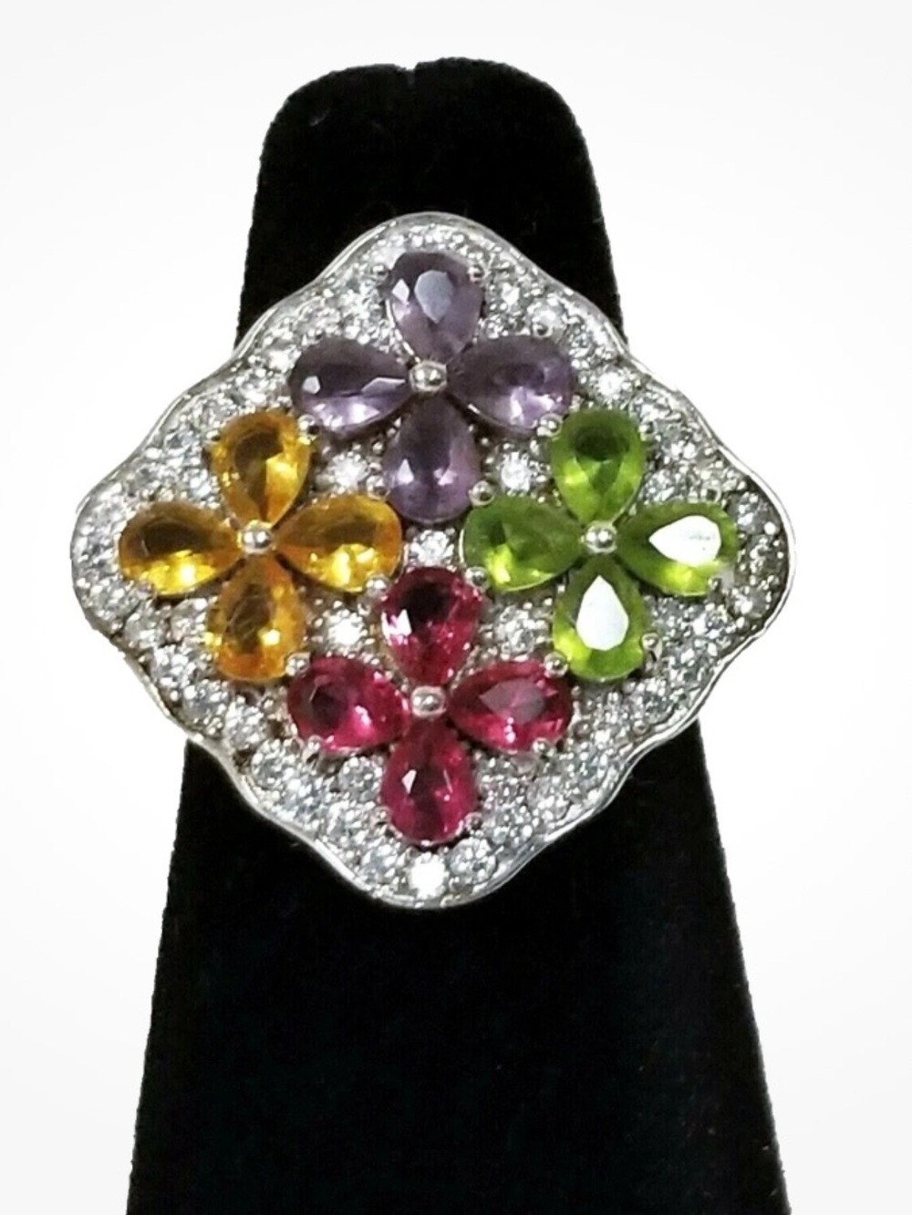 Sterling Silver Multicolor Cluster Ring - Size 9